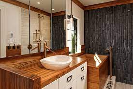 As you enter the newly opened, beautifully adorned restaurant, youre greeted by a sleek buddha statue carved out of none other than teak wood. Washington Dc Asian Inspired Teak Wood Vanity Top Contemporary Bathroom Dc Metro By Grothouse Wood Countertops