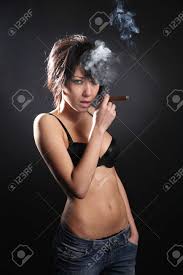 Sexy Brunette Woman With Black Bra Smoking Cigar Stock Photo, Picture and  Royalty Free Image. Image 31563643.