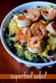 In a large bowl combine the prawns, avocado, cucumber and chilli. Superfood Salad With Lemon Vinaigrette And Shrimp Superfood Salad Seafood Recipes Food