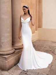 Come Try On Our Mermaid Wedding Dress In Crepe With Spectacular Draping Visit The Store In In 2020 Pronovias Wedding Dress Sleek Wedding Dress Cowl Neck Wedding Dress