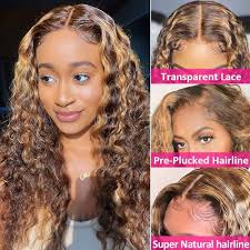 Amazon.com : Aveiyce Highlight Ombre HD Transparent 13x4 Lace Front Wigs  Human Hair 180% Density Honey Blonde 4/27 Deep Wave Lace Front Wigs for  Black Women Frontal Curly Wig Pre Plucked with