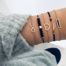 Black And Gold Bracelet Set Fleepmart 5 Pcs Set Bohemian Bangle Fashion Heart Leaf Crystal Beads Geometric Infinity Bracelet Set Ladies Charm Party Jewelry Gifts In 2020 Bohemian Bracelets Gold Bracelet For Women Handmade Bracelets