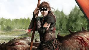 #viking #female viking #female warrior #warrior #axe #shield #battle #aftermath #sunrays #fantasy art #fantasy #art #digital art. Desktop Wallpaper Viking Girl Fantasy Monster Hunting Art Hd Image Picture Background 465f3d