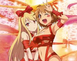 kamiigusa misaki, shiina mashiro, sakura-sou no pet na kanojo, highres,  official art, 10s, 2girls, bdsm, blonde hair, blush, bondage, bound,  breasts, brown eyes, brown hair, covering breasts, covering privates, large  breasts, long