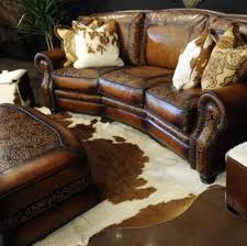 Hand Tooled Leather Sofa And Ottoman Cowhide Decor Rustic Cabin Decor Furniture Design Living Room