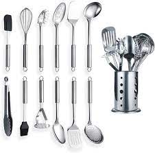 This set includes 12″ tongs, grater, peeler, flexible turner, square turner, spoon, slotted spoon, ice cream scoop, potato masher, can opener, 11″ balloon whisk, spatula, meat tenderizer, and 4″ pizza wheel. Berglander Stainless Steel Kitchen Utensil 12 Piece With 1 Stand Cooking Spoon Kitchen Tools Cooking Utensil With Holder 13 Pieces