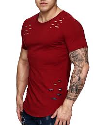 F S Men Ripped Holes T Shirt Deep Red Vestuario Masculino Roupas Masculinas Camisetas Masculinas