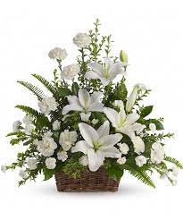 Best value flowers & gifts. Peaceful White Lilies Basket Basket Flower Arrangements Funeral Floral Arrangements Fresh Flowers Arrangements