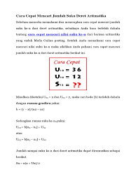 Kali ini kita belajara rumus matematika cepat yaitu baris dan deret. Cara Cepat Mencari Jumlah Suku Deret Aritmatika
