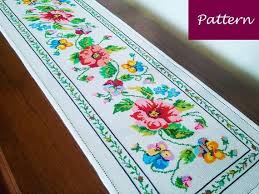 Cross Stitch Pattern Colorful Tablecloth With Flowers Diy Table Runner In 2020 Cross Stitch Patterns Colourful Cross Stitch Stitch Patterns