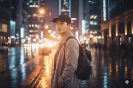 Serene city scene with young man standing alone