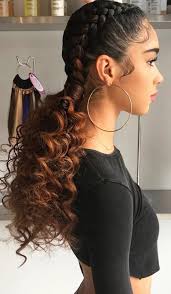 Then the braiding hair is wrapped around every box braid to create the goddess locs. Two Dutch Braids To Curly Ponytails Curly Girl Hairstyles Two Braid Hairstyles Long Hair Styles