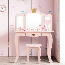 Pour les zones défavorisées, costway se réserve le droit d'annuler la commande ou de convenir des frais d'expédition en fonction du poids, du volume et du nombre d'articles que vous souhaitez acheter. Kids Makeup Dressing Table With Tri Folding Mirror And Stool Bathroom Vanities Vanities Cabinets Storage Costway