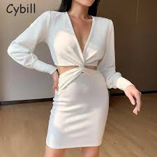 Robe blanche disponible sur www.shineapparel.fr la modele porte une taille s. Cybill A Manches Longues Evider Sexy Robe Blanche Profonde V Automne Mini Robe Courte Moulante Club Robes De Soiree Aliexpress