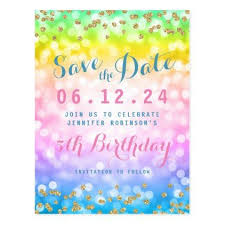 Birthday Card Ideas For Kids Unicorn Kids Birthday Party Save The Date Unicorn Rainbow Announcement Postcard Zazzle Com Party Invitations Kids Birthday Party Gift Kids Birthday Party