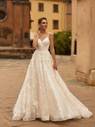 Spaghetti Strap Sparkly Lace A Line Wedding Dress With Surplice Top Sequin Lace Wedding Dress A Line Wedding Dress Wedding Dresses Lace