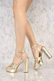 Gold Metallic Padded Criss Cross Open Toe Platform Pump Chunky Heel Fuax Leather Gold Platform Heels Heels Prom Shoes