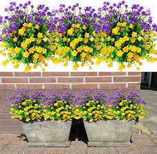 Diy spring and summer planters. Buy 9pcs Artificial Flowers Outdoor Uv Resistant Fake Plants Faux Shrubs Plastic Flowers Arrangement For Hanging Planter Home Wedding Porch Window Farmhouse Garden Decor Purple Yellow Online In Taiwan B0936wc3j7