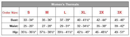 Sizing Chart For Womens X Temp Thermal Wares Gracious Store