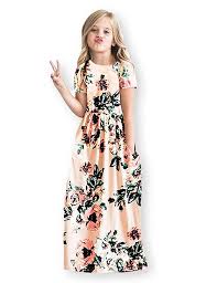 Girls Floral Flared Pocket Maxi Short Sleeves Casual Elegant Summer Long Dress 6 12 Years Old Girls Maxi Dresses Kids Dress Long Holiday Dresses