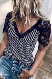 Inscici Casual V Neck Striped Lace Patchwork T Shirt Fashion Lace Sleeves Stripe Tshirt