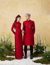 Áo dài cưới cặp đôi màu đỏ lụa cao cấp kết hoa phối chữ hỷ cùng màu