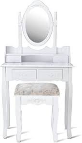 Nightcore Vanity Set With Oval Mirror 4 Drawers Makeup Cushioned Wood Stool 2 In 1 Dressing Table For Woman Girls Bedroo In 2020 Wood Stool Vanity Set White Bedroom