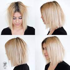 Slightly Disheveled Blunt Shoulder Length Bob On Blonde Hair With Dark Roots The Latest Hairstyles For Men And Women 2020 Hairstyleology Blonde Bob Hairstyles Dark Roots Blonde Hair Choppy Bob Hairstyles