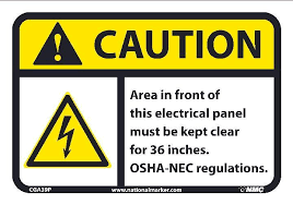 Area In Front Of This Panel Must Be Kept Clear For 36 Inches Osha Nec Regulations Caution Signs Hazard Sign Electrical Panel Signs