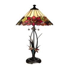 Dale Tiffany 25 In Floral Art Glass Table Lamp With Dragongly Base Tt10793 The Home Depot
