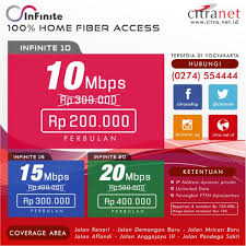 Provider internet fiber optik & wireless untuk perkantoran, kampus, rumah sakit, restaurant dan jadikan perusahaan terbaik anda, bergabung dengan layanan internet fiber optik dan wireless. Citranet Infinite 100 Home Fiber Access