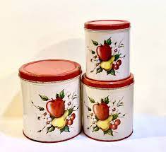 Maybe you would like to learn more about one of these? Vintage 1950s Kitchen Canister Set Decoware Fruit Design 3 Piece Set Metal Tin Canisters Farmhouse Decor Mid Century Kitchen Mid Century Kitchen Kitchen Canister Set Vintage 1950s Kitchen