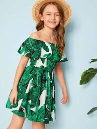 Girl S Tropical Print Off Shoulder Dress Moda Infantil Para Meninas Roupas Infanto Juvenil Feminina Vestidos Infantis