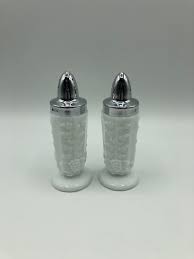 Black And White Checkered Salt And Pepper Shakers Vintage Milk Glass Salt And Pepper Shakers Retro Kitchen Mid Century Decor Silver Top Grapevine Design Salt Pepper White Shaker In 2020 Milk Glass Mid Century Decor White Milk Glass