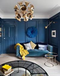Peacock Blue Velvet Sofa Deep Blue Jewel Tone Living Room Walls And Velvet Sofa With Mustard Gold Br Blue Living Room Blue Living Room Decor Living Room Decor
