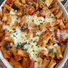 Eggplant Tomato And Mozzarella Pasta Bake Recipe Mozzarella Pasta Food Network Recipes Baked Tomatoes