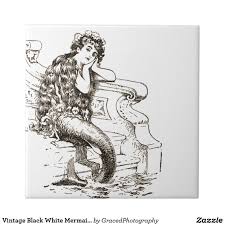 Black And White Mermaid Drawing Vintage Black White Mermaid Drawing Ceramic Tile Zazzle Com Clip Art Vintage Mermaid Drawings Digital Stamps