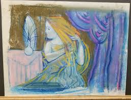 Robert Ubhaus (American 20th Cent) Original Signed Pastel Girl Combing Her Hair