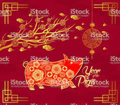 Happy Chinese New Year 2019 Card With Pig Blossom And Lantern Year Chinese New Year Design Happy Chinese New Year Year Of The Pig