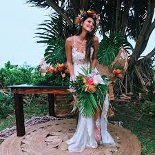 Stylish 20 Adorable Bohemian Wedding Dress Ideas To Makes You Look Stunning Tropical Wedding Theme Hawaiian Wedding Bohemian Wedding Dresses