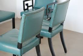 Suitable for residential use only. Set Of Six Greek Key Turquoise Leather Ebonized Far East Baker Dining Chairs Flow Modern