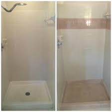 Shower Pan And Tile Resurface In Cliff One Of Our Custom Stone Finishes Painting Bathroom Tiles Shower Transformation Shower Tile
