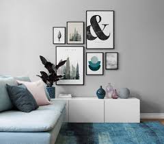 Shades Of Blue And Grey Minimalist Living Room With A Pale Blue Sofa Wall Gallery By Desenio Living Room Poster Wall Decor Living Room Wall Decor Bedroom