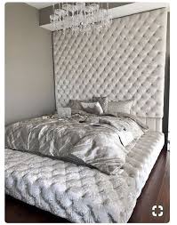 Diamond Tufted Oversized Bed Fabric Silver Grey Brussels Velvet Matching Buttons Diamond Tufted Headboard Luxurious Bedrooms Home Decor Bedroom Home Bedroom