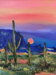 The reddish light from the setting sun seems to make the landscape glow. Desert Sunset Acrylic Painting By Carolyn Shoemaker Soma Artfinder