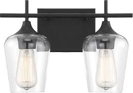 Bathrooms without natural light from a window are likely to need more or brighter long vanities might require multiple fixtures, and double sinks look best with a separate fixture over each. Savoy House 8 4030 2 Bk Octave Modern Black 2 Light Bathroom Vanity Light Fixture Svh 8 4030 2 Bk