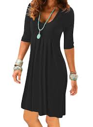Black Dress 3 4 Sleeve Knee Length Womens Half Sleeve Plain Pleated T Shirt Dress Summer Casual 3 4 Sleeve Tunic Dresses Black Simple Ele Casual Dresses Half Sleeve Dresses Fashion Clothes Women