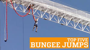 Bungee jumping is an adventurous sport in which people jump from higher ground such as a bridge with an elastic rope tied to their ankles to stop them from hitting the ground. Top Five Bungee Jumps People Are Awesome Youtube