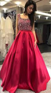 Women S Satin Beading Evening Party Gown Red Sequins Formal Prom Dress Long 2019 Prom Dresses Sleeveless Formal Prom Dresses Long Red Satin Prom Dress