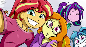1195418 - safe, artist:ponut_joe, adagio dazzle, aria blaze, sonata dusk,  sunset shimmer, equestria girls, g4, adoragio, clothes, cute, female,  freckles, glasses, grin, jacket, looking at you, nerddagio, peppered bacon,  raised eyebrow, selfie,